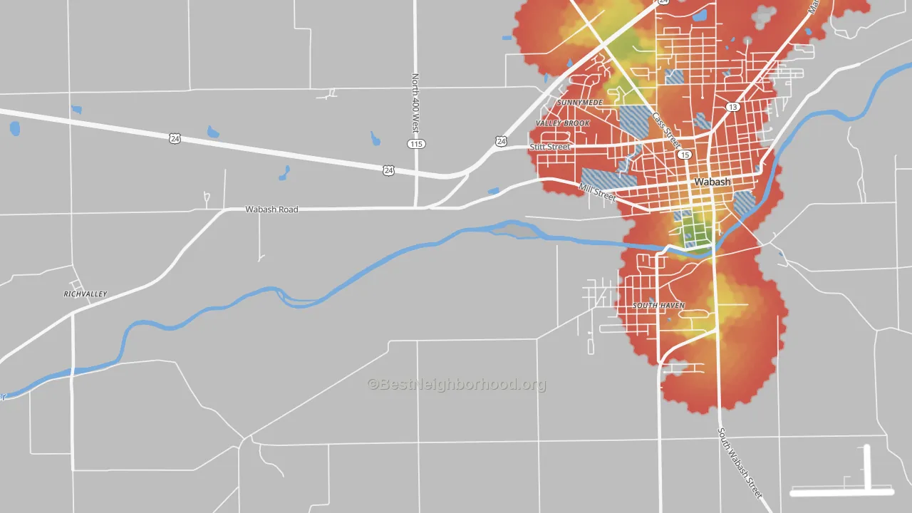 Walk Grade map of Valley Brook, IN, walkable areas in green and car-dependent areas in red