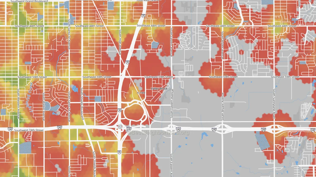 Walk Grade map of Valley Brook, OK, walkable areas in green and car-dependent areas in red