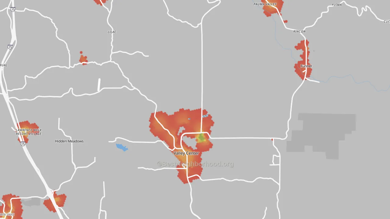 Walk Grade map of Valley Center, CA, walkable areas in green and car-dependent areas in red
