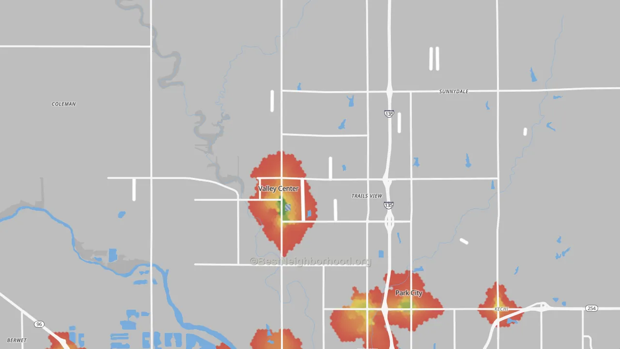 Walk Grade map of Valley Center, KS, walkable areas in green and car-dependent areas in red