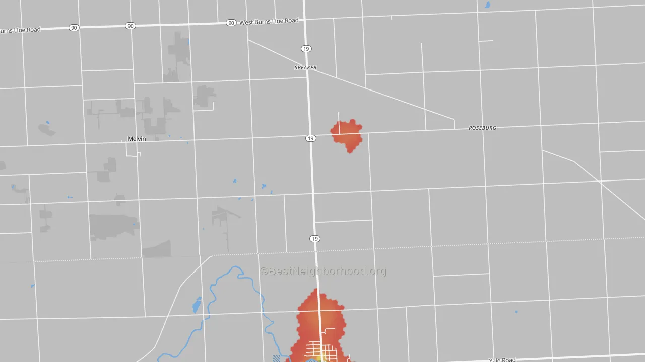 Walk Grade map of Valley Center, MI, walkable areas in green and car-dependent areas in red