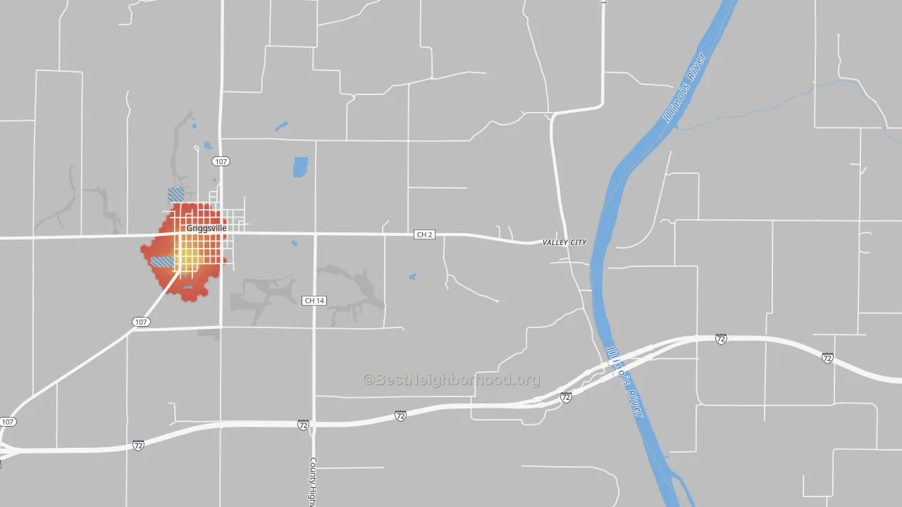 Walk Grade map of Valley City, IL, walkable areas in green and car-dependent areas in red