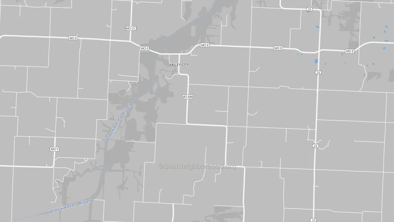 Walk Grade map of Valley City, MO, walkable areas in green and car-dependent areas in red