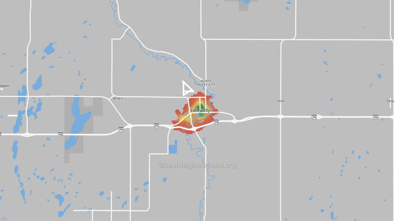 Walk Grade map of Valley City, ND, walkable areas in green and car-dependent areas in red