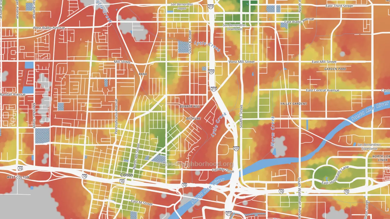 Walk Grade map of Valley College, San Bernardino, CA, walkable areas in green and car-dependent areas in red