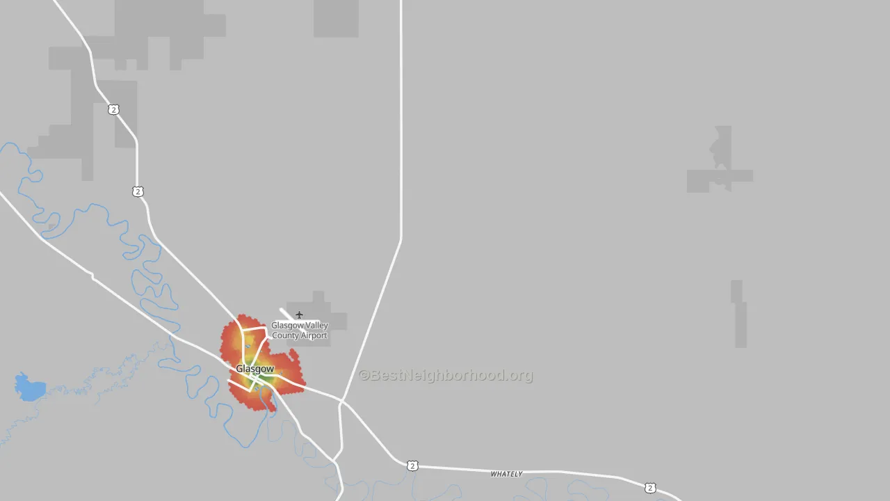Walk Grade map of Valley County, MT, walkable areas in green and car-dependent areas in red