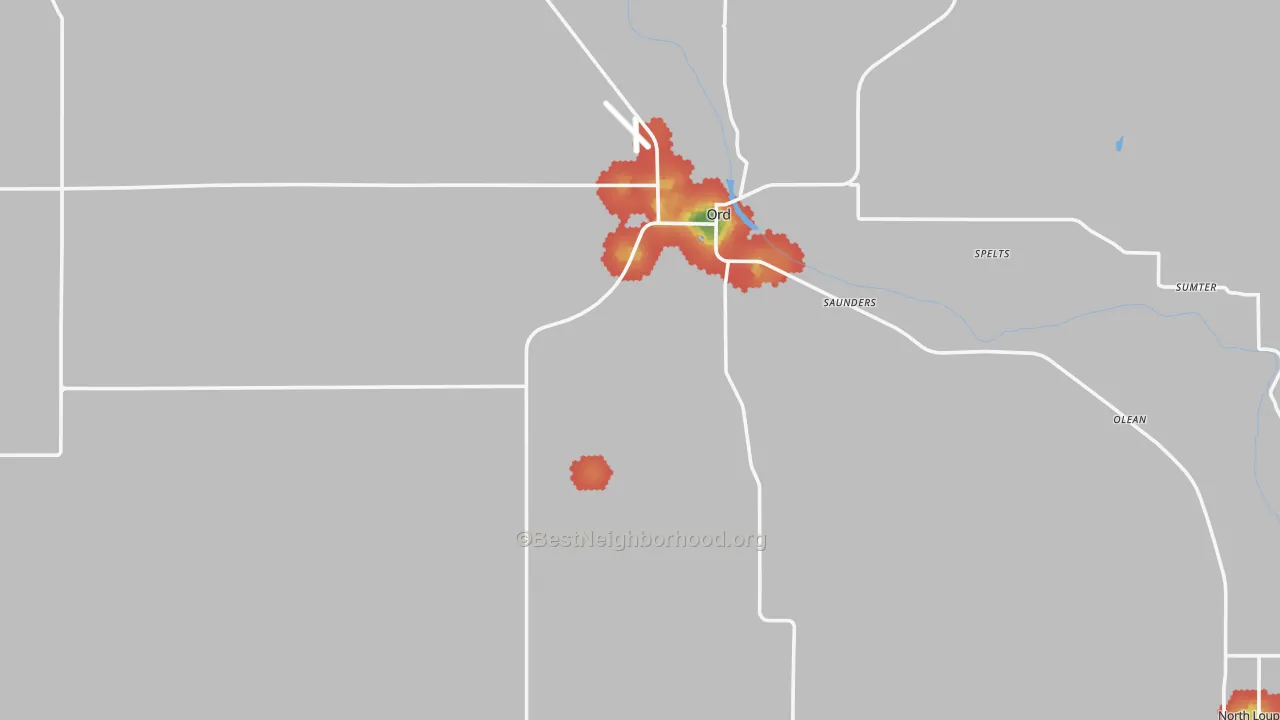 Walk Grade map of Valley County, NE, walkable areas in green and car-dependent areas in red