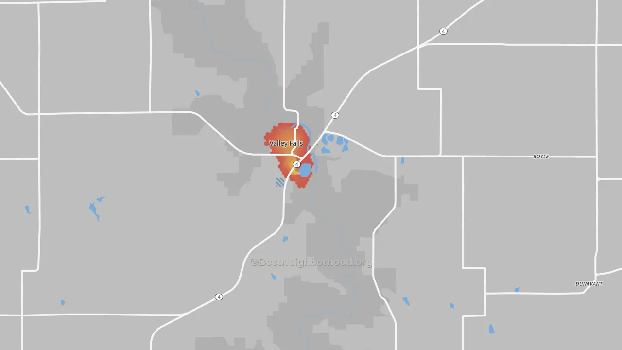 Walk Grade map of Valley Falls, KS, walkable areas in green and car-dependent areas in red