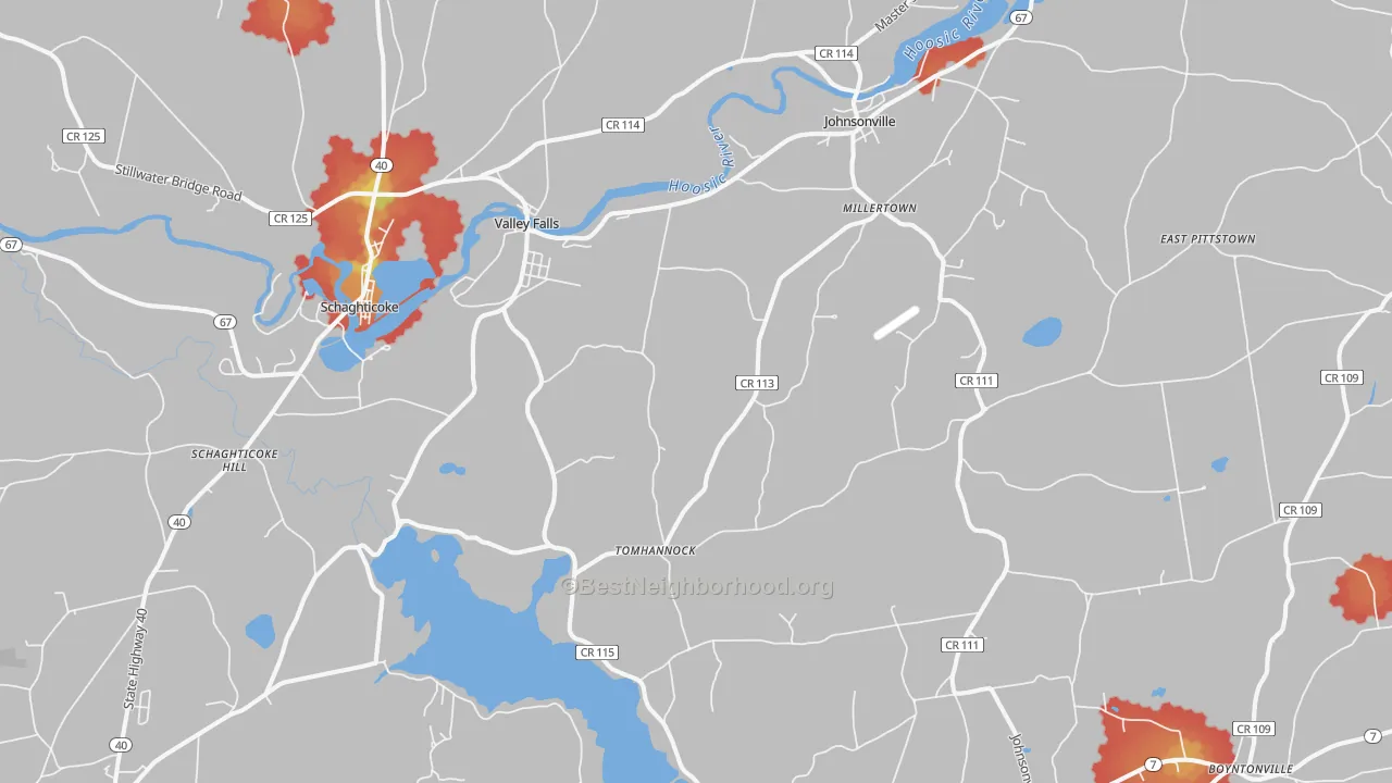 Walk Grade map of Valley Falls, NY, walkable areas in green and car-dependent areas in red