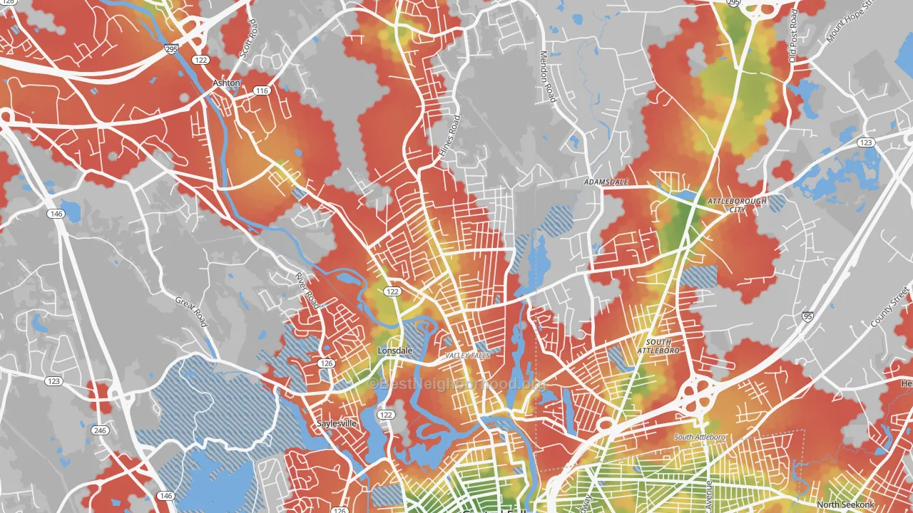 Walk Grade map of Valley Falls, RI, walkable areas in green and car-dependent areas in red