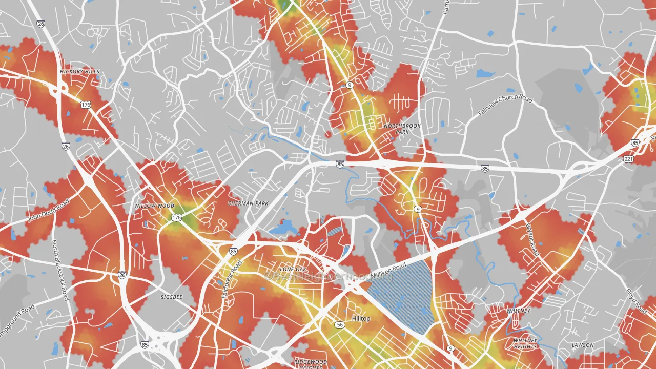 Walk Grade map of Valley Falls, SC, walkable areas in green and car-dependent areas in red