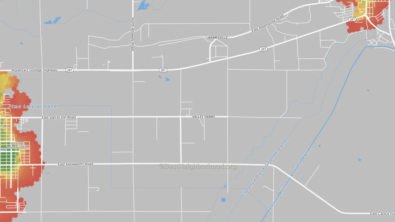 Walk Grade map of Valley Farms, AZ, walkable areas in green and car-dependent areas in red