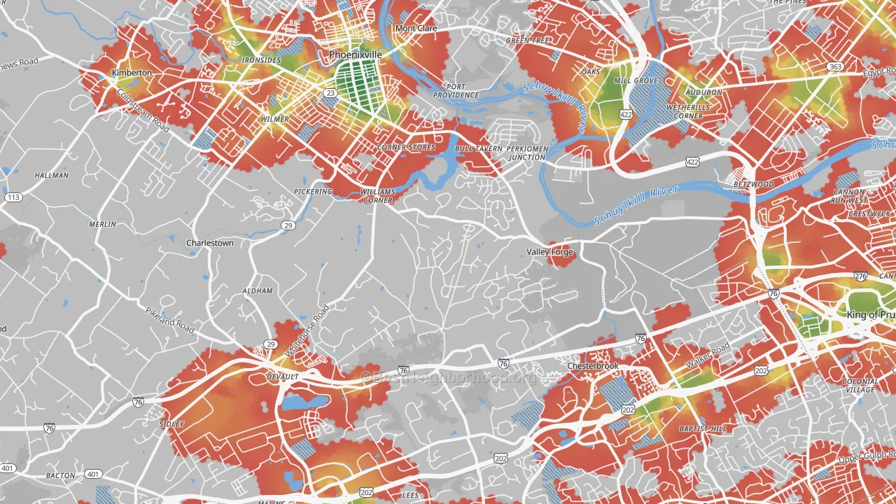 Walk Grade map of Valley Forge, PA, walkable areas in green and car-dependent areas in red