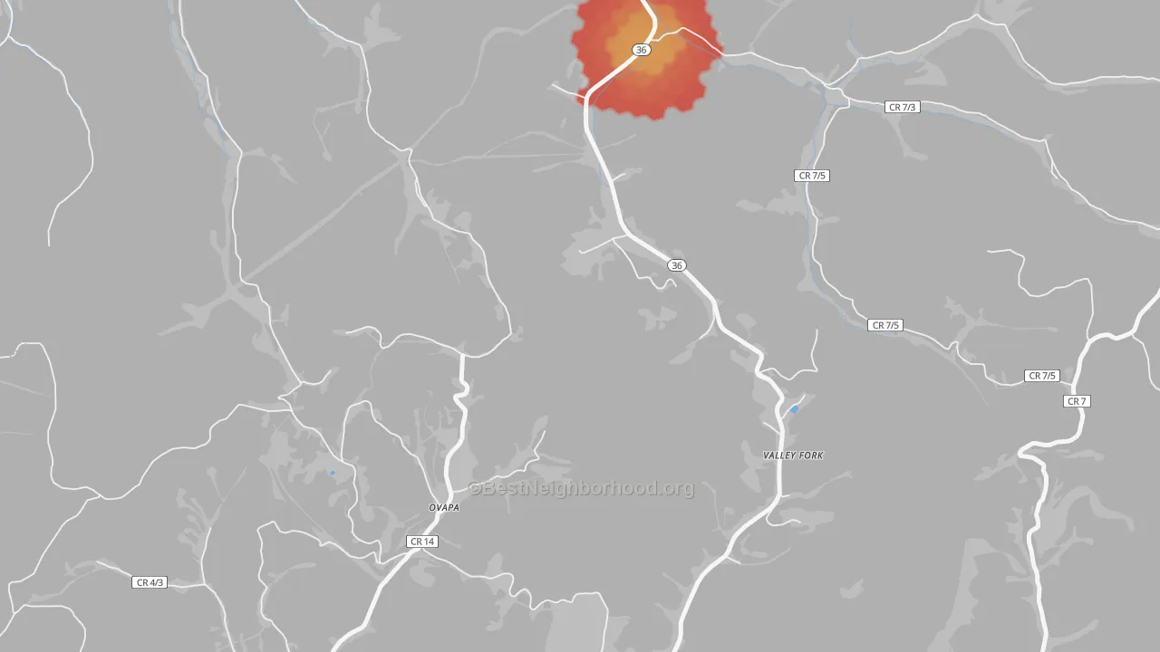 Walk Grade map of Valley Fork, WV, walkable areas in green and car-dependent areas in red