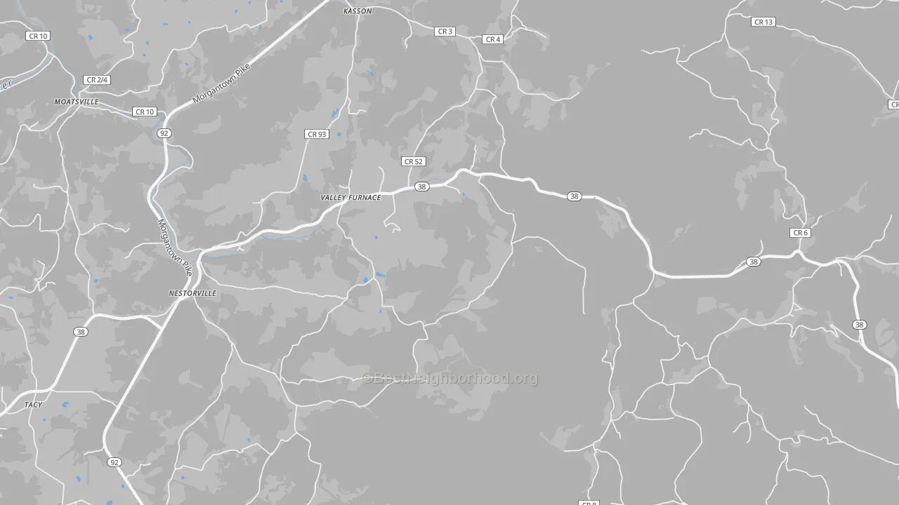 Walk Grade map of Valley Furnace, WV, walkable areas in green and car-dependent areas in red