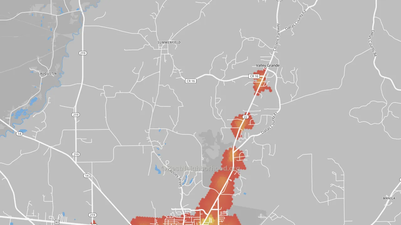 Walk Grade map of Valley Grande, AL, walkable areas in green and car-dependent areas in red