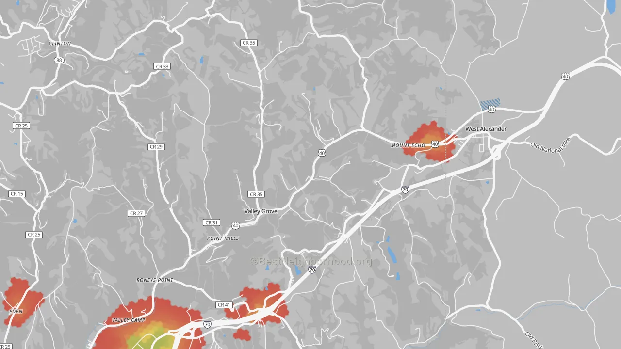 Walk Grade map of Valley Grove, WV, walkable areas in green and car-dependent areas in red
