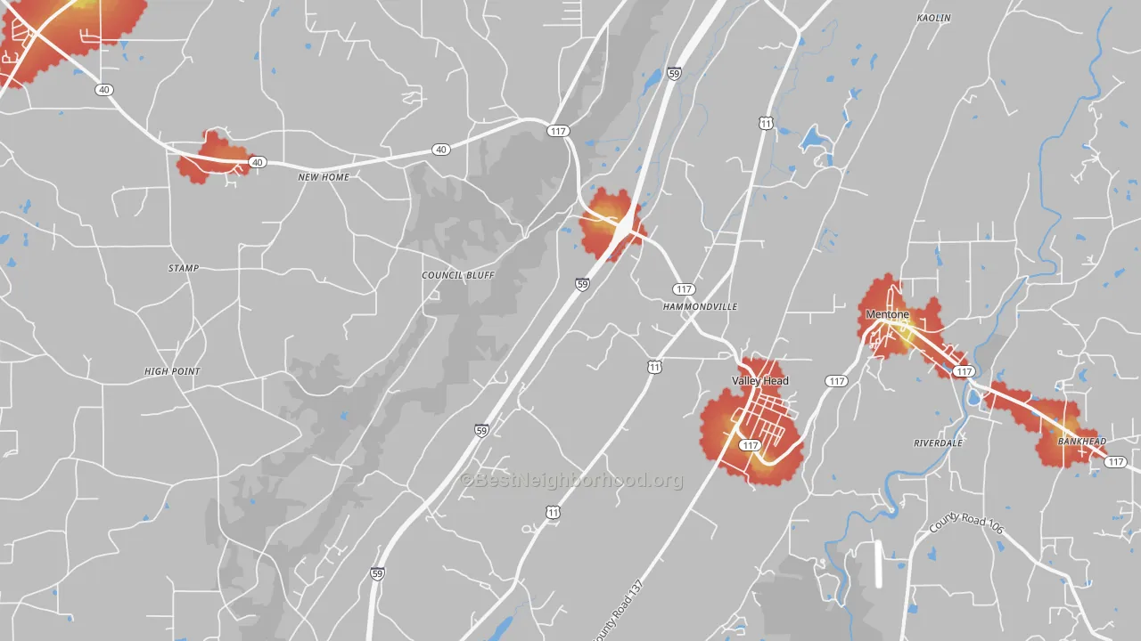 Walk Grade map of Valley Head, AL, walkable areas in green and car-dependent areas in red