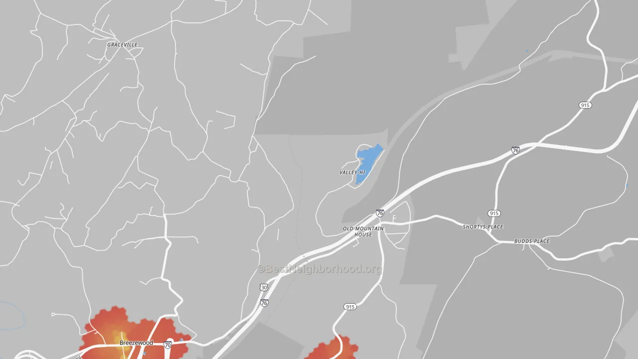 Walk Grade map of Valley-Hi, PA, walkable areas in green and car-dependent areas in red