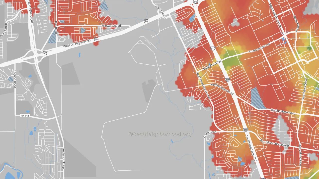 Walk Grade map of Valley-Hi, TX, walkable areas in green and car-dependent areas in red