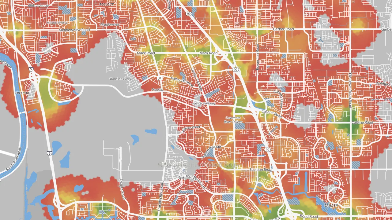 Walk Grade map of Valley High-North Laguna, Sacramento, CA, walkable areas in green and car-dependent areas in red
