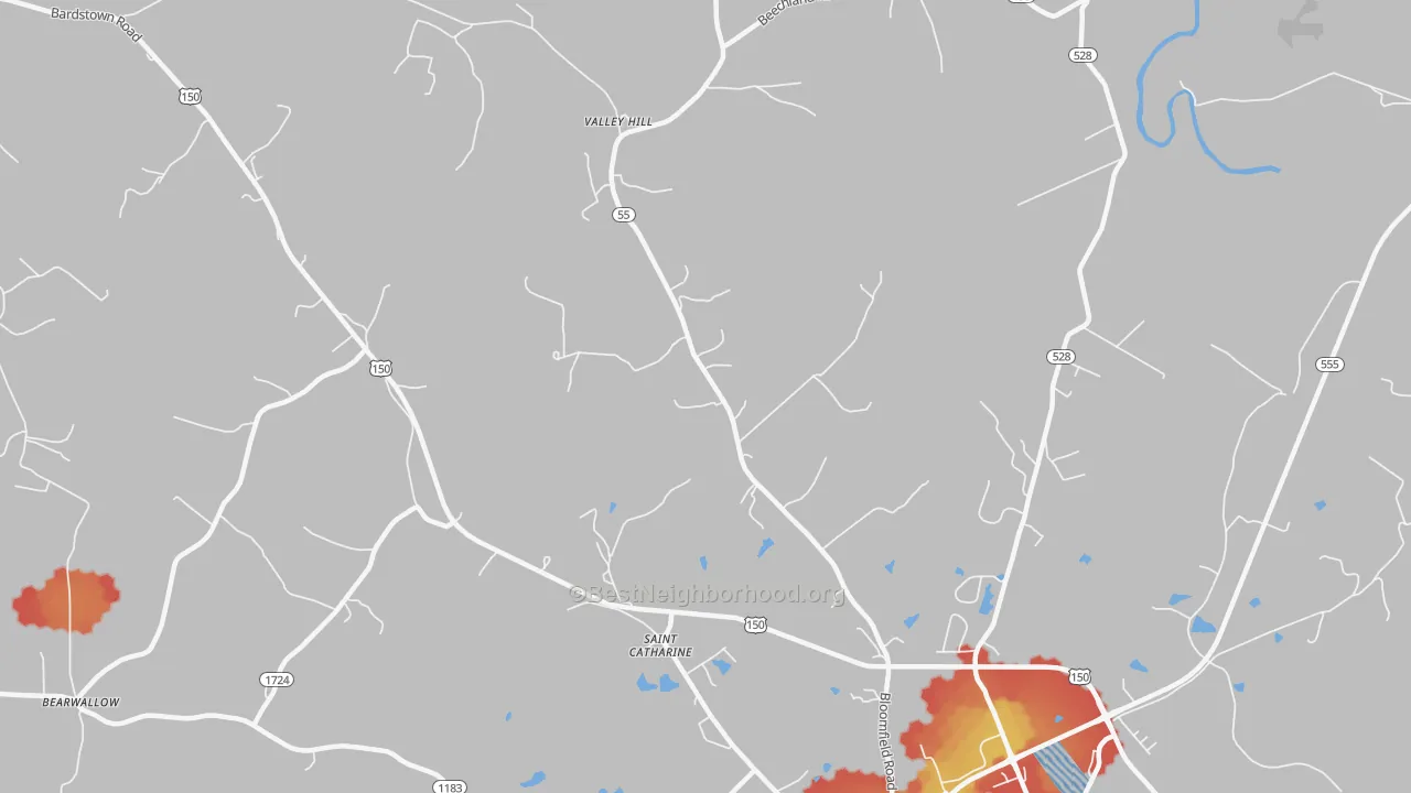 Walk Grade map of Valley Hill, KY, walkable areas in green and car-dependent areas in red
