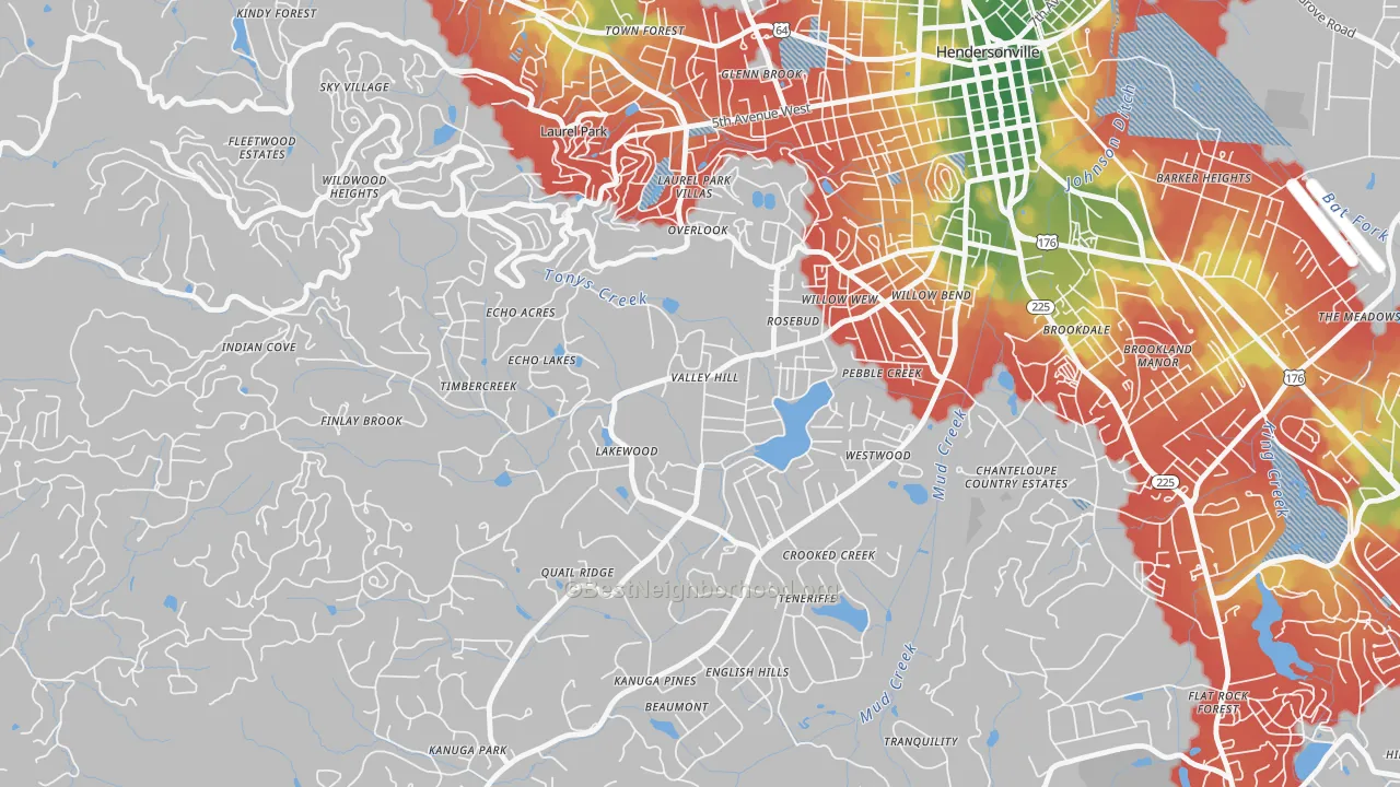Walk Grade map of Valley Hill, NC, walkable areas in green and car-dependent areas in red