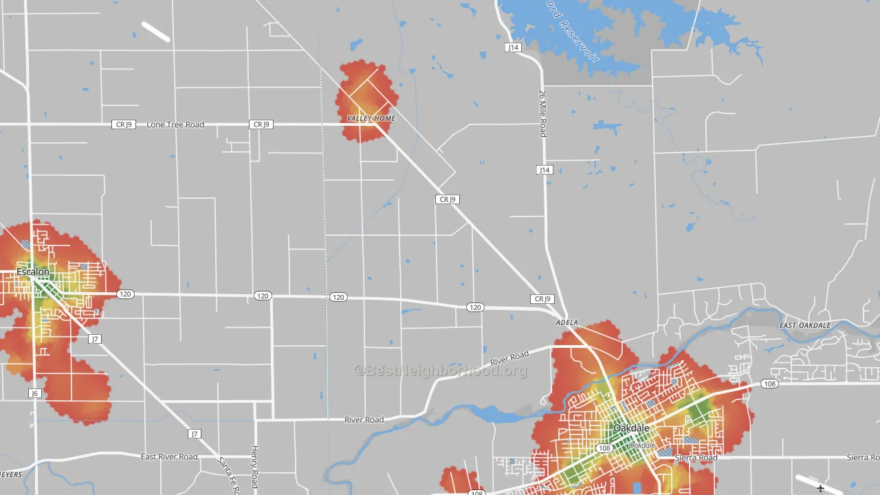 Walk Grade map of Valley Home, CA, walkable areas in green and car-dependent areas in red