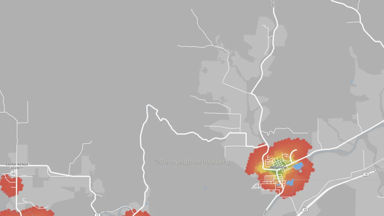 Walk Grade map of Valley Junction, OR, walkable areas in green and car-dependent areas in red