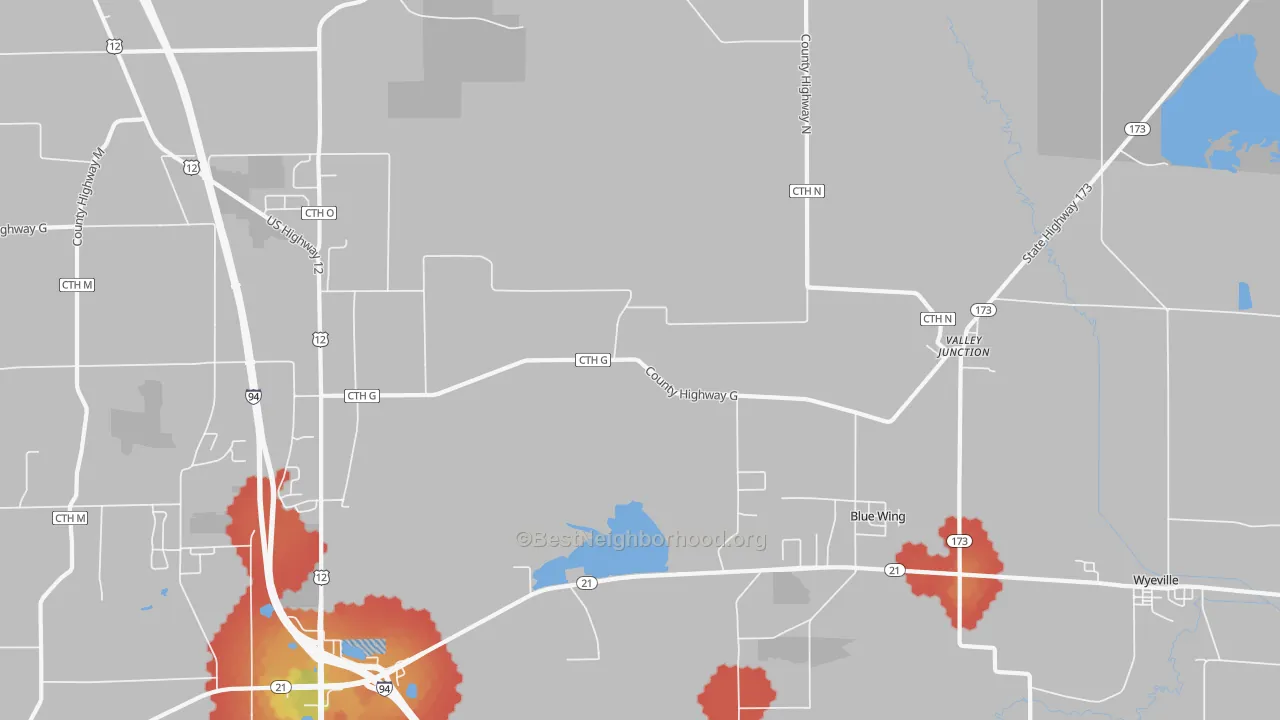 Walk Grade map of Valley Junction, WI, walkable areas in green and car-dependent areas in red