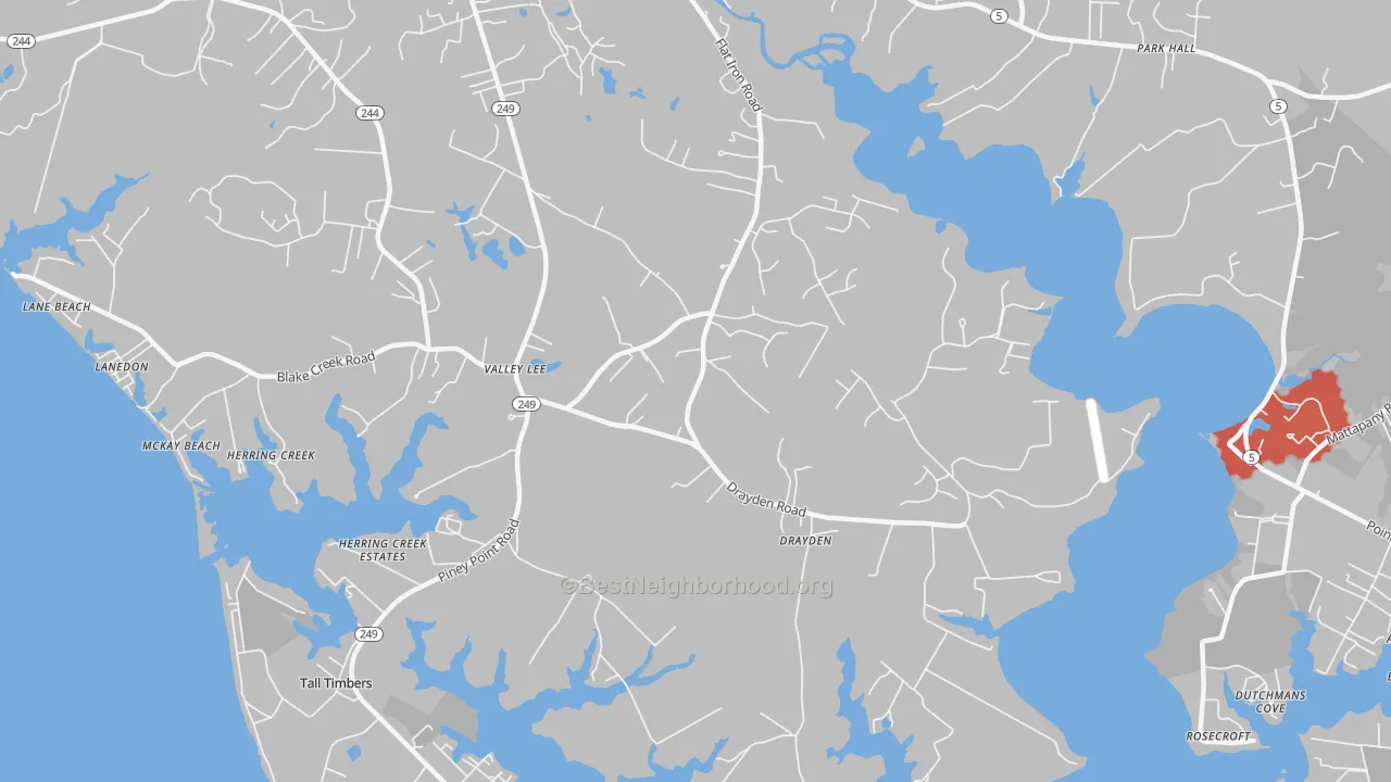 Walk Grade map of Valley Lee, MD, walkable areas in green and car-dependent areas in red