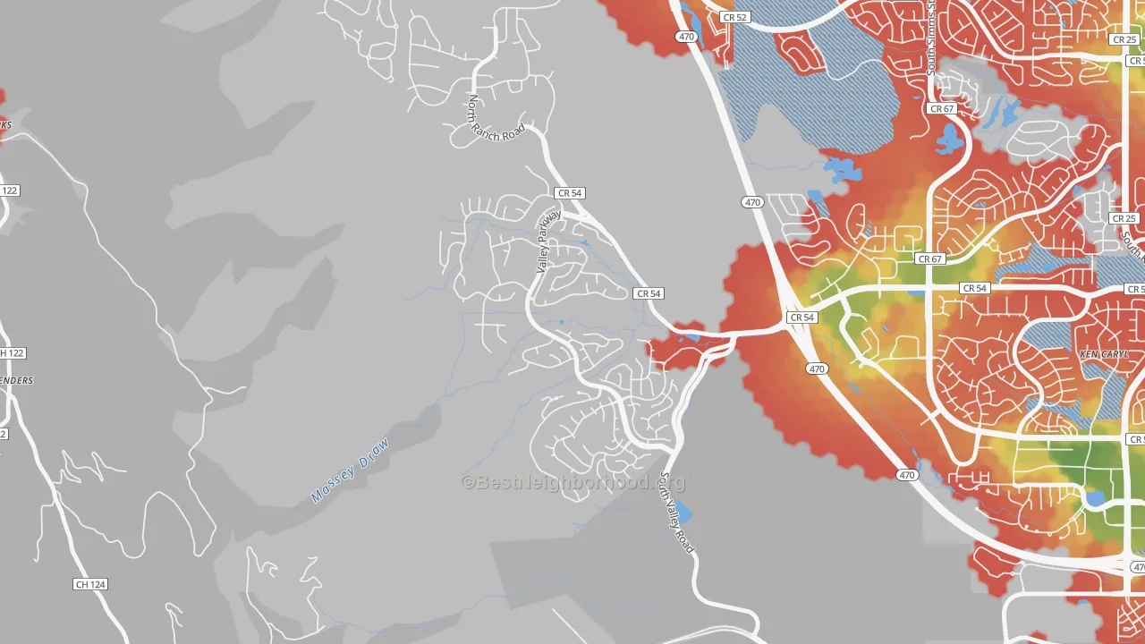 Walk Grade map of Valley Legacy, Littleton, CO, walkable areas in green and car-dependent areas in red