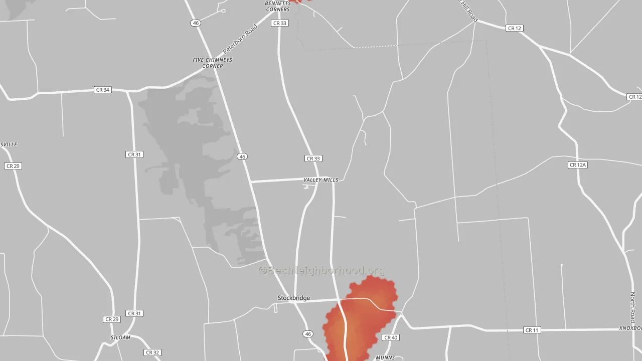 Walk Grade map of Valley Mills, NY, walkable areas in green and car-dependent areas in red