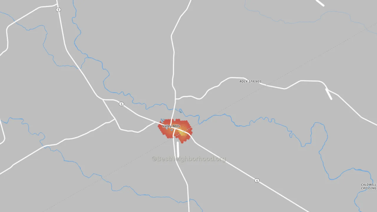 Walk Grade map of Valley Mills, TX, walkable areas in green and car-dependent areas in red