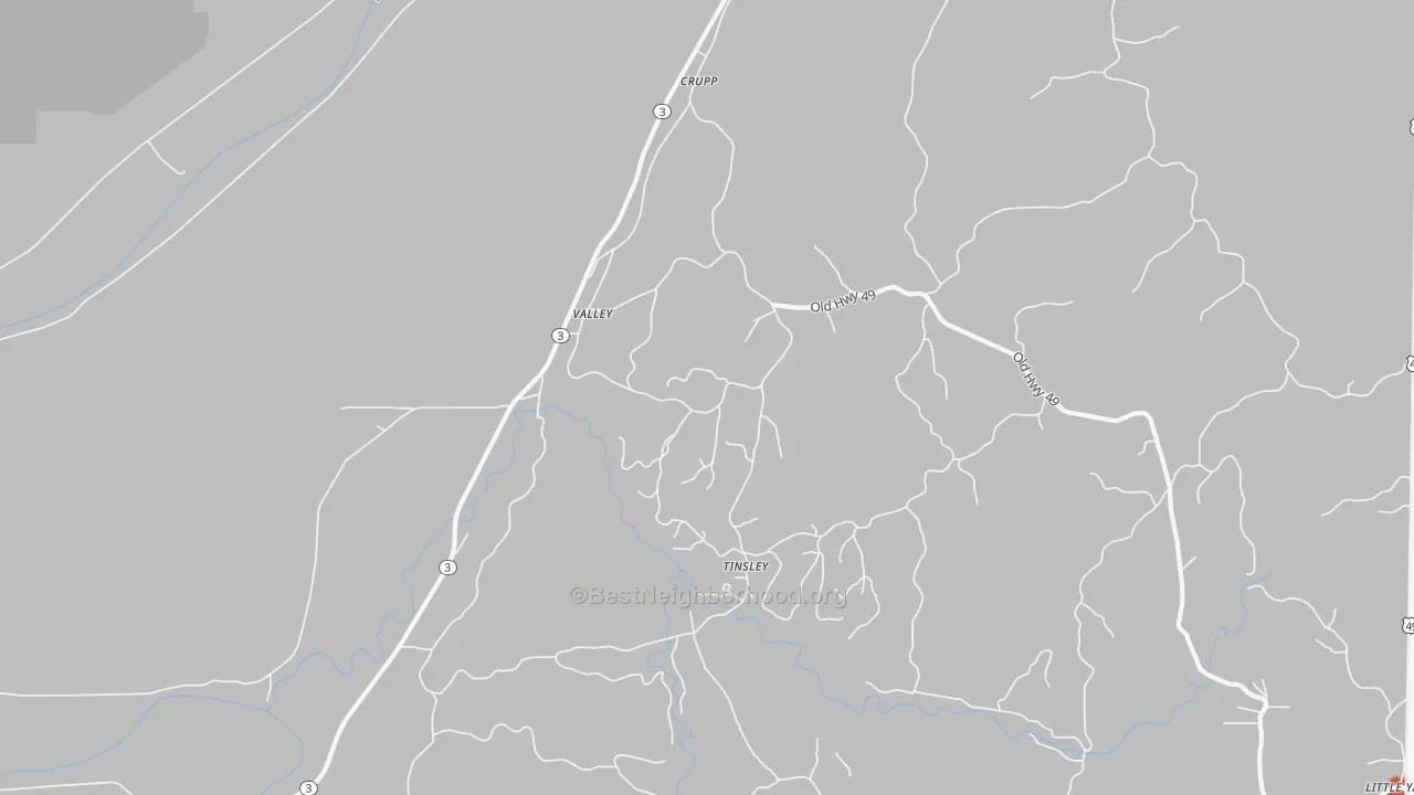 Walk Grade map of Valley, MS, walkable areas in green and car-dependent areas in red