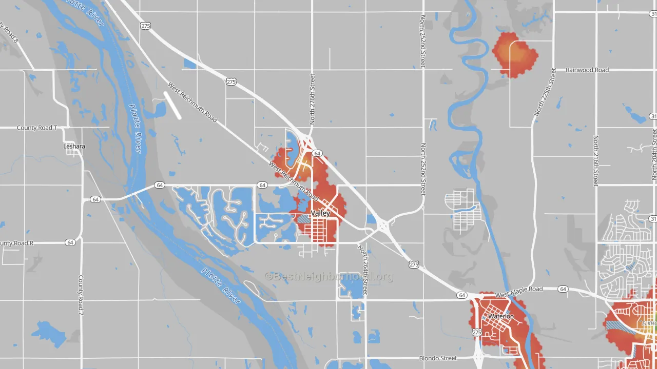 Walk Grade map of Valley, NE, walkable areas in green and car-dependent areas in red