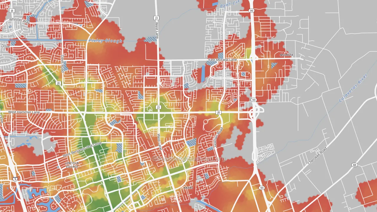 Walk Grade map of Valley Oak, Stockton, CA, walkable areas in green and car-dependent areas in red
