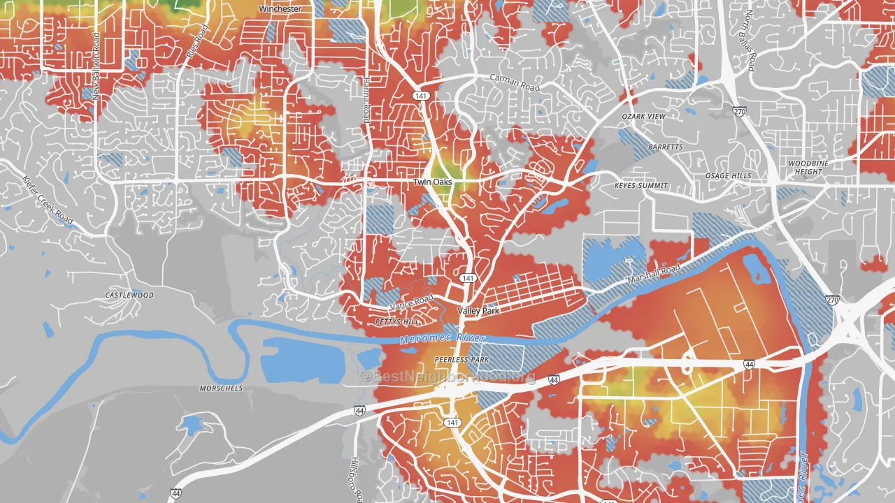 Walk Grade map of Valley Park, MO, walkable areas in green and car-dependent areas in red