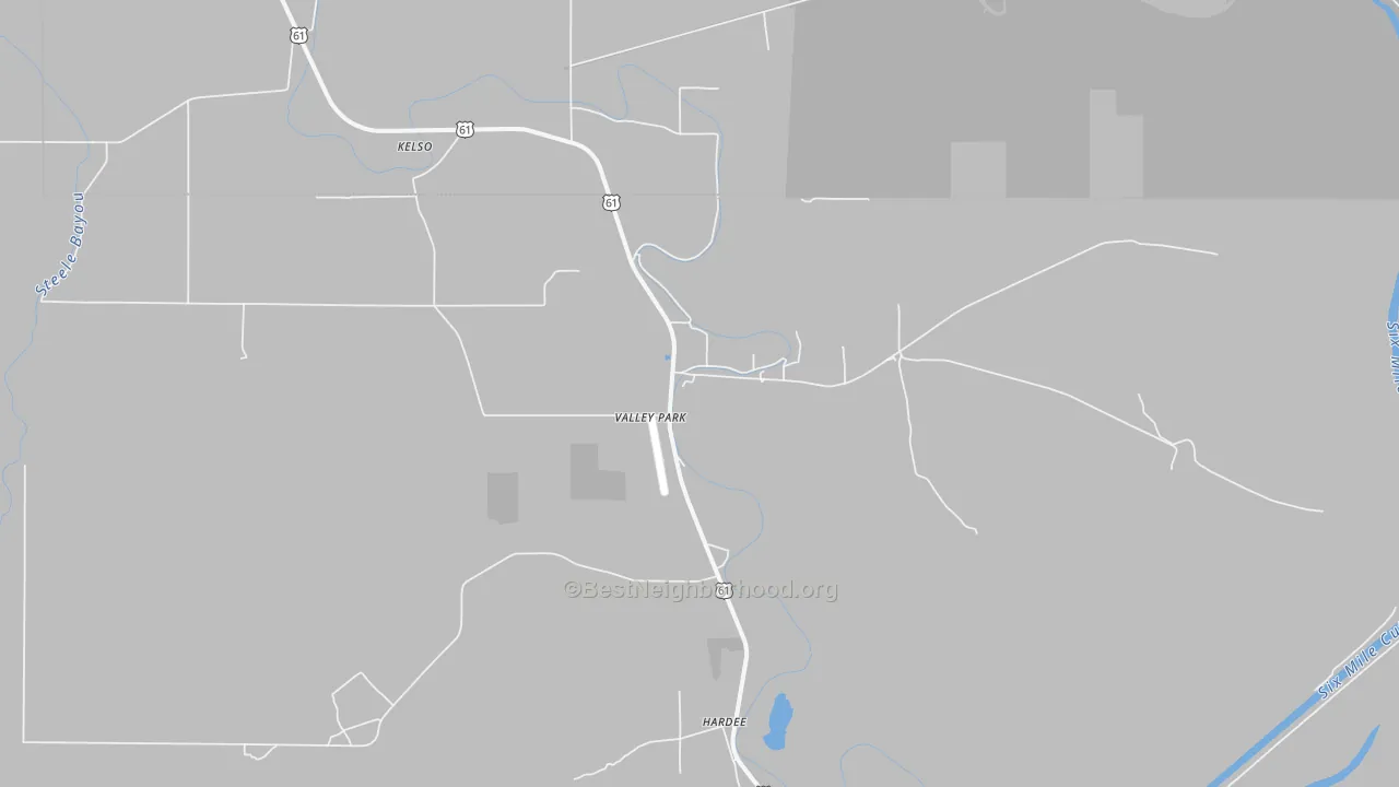 Walk Grade map of Valley Park, MS, walkable areas in green and car-dependent areas in red
