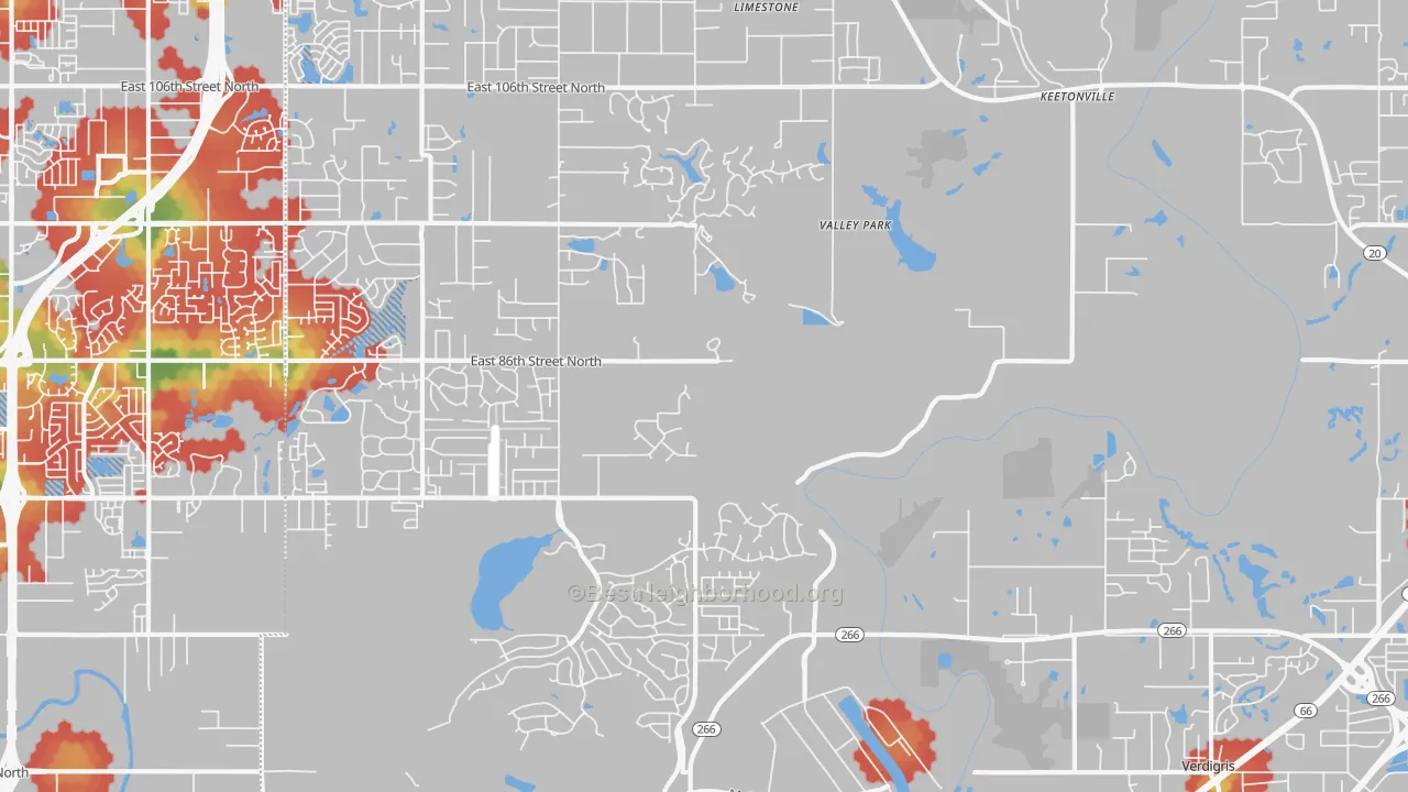 Walk Grade map of Valley Park, OK, walkable areas in green and car-dependent areas in red