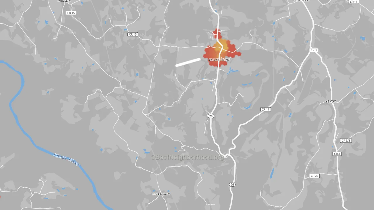 Walk Grade map of Valley Point, WV, walkable areas in green and car-dependent areas in red