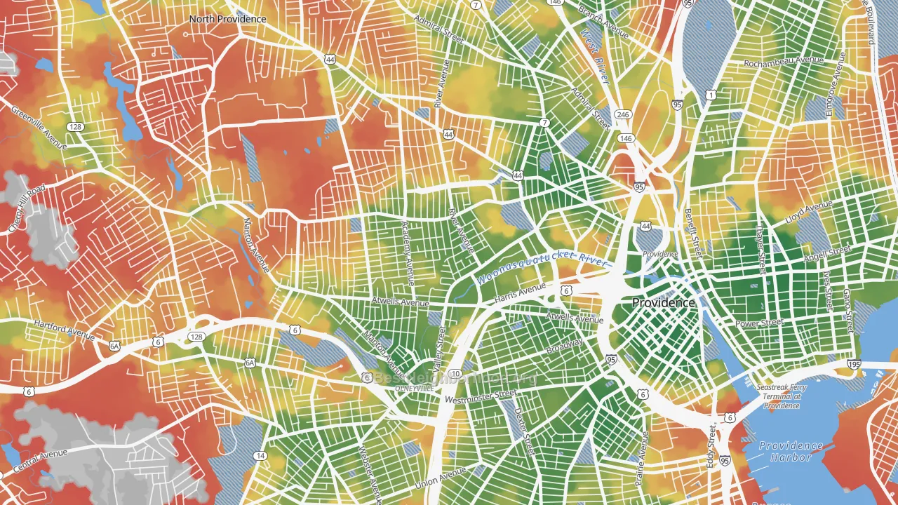 Walk Grade map of Valley, Providence, RI, walkable areas in green and car-dependent areas in red
