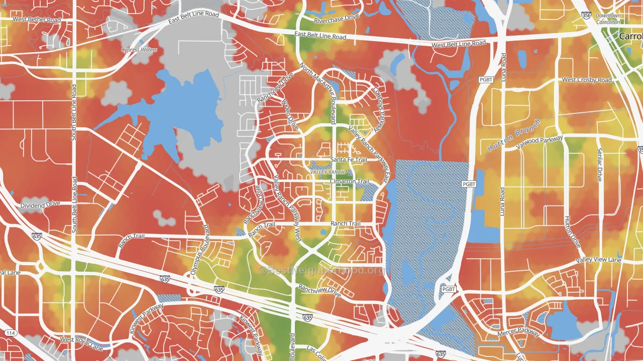 Walk Grade map of Valley Ranch, Irving, TX, walkable areas in green and car-dependent areas in red