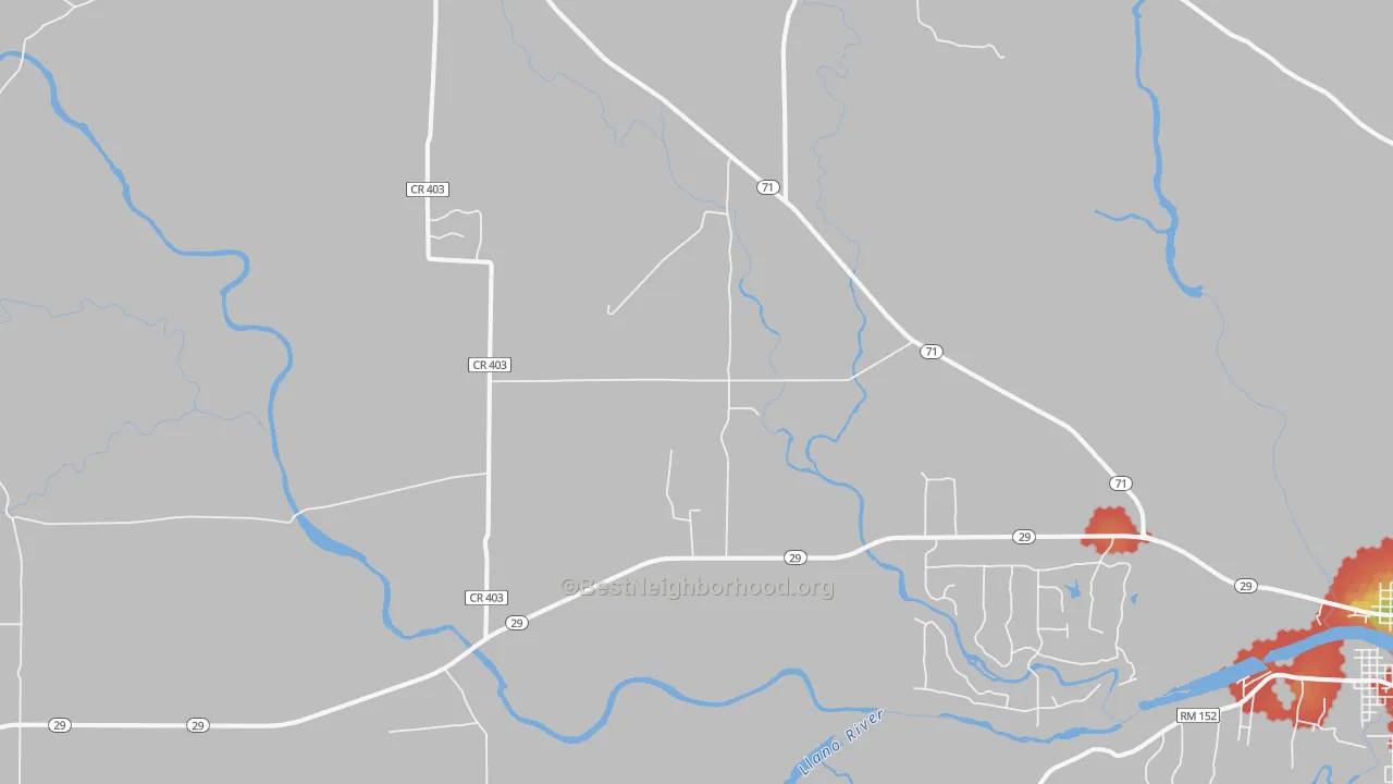 Walk Grade map of Valley Spring, TX, walkable areas in green and car-dependent areas in red