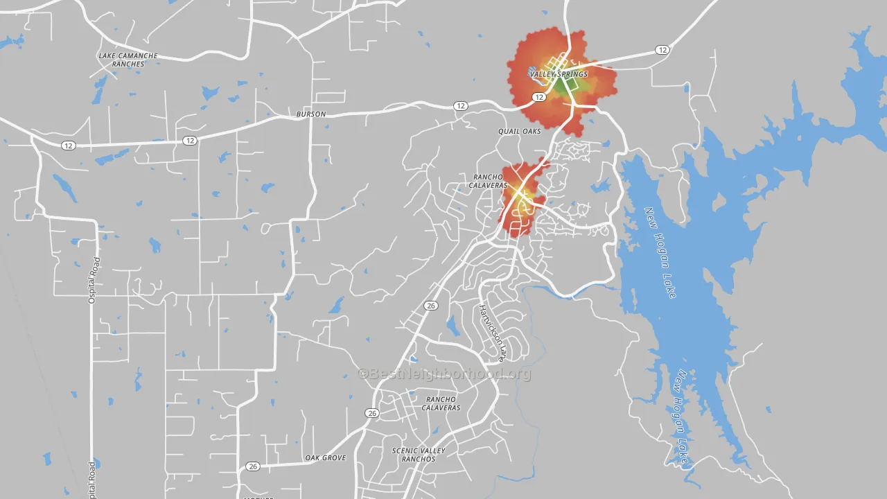 Walk Grade map of Valley Springs, CA, walkable areas in green and car-dependent areas in red