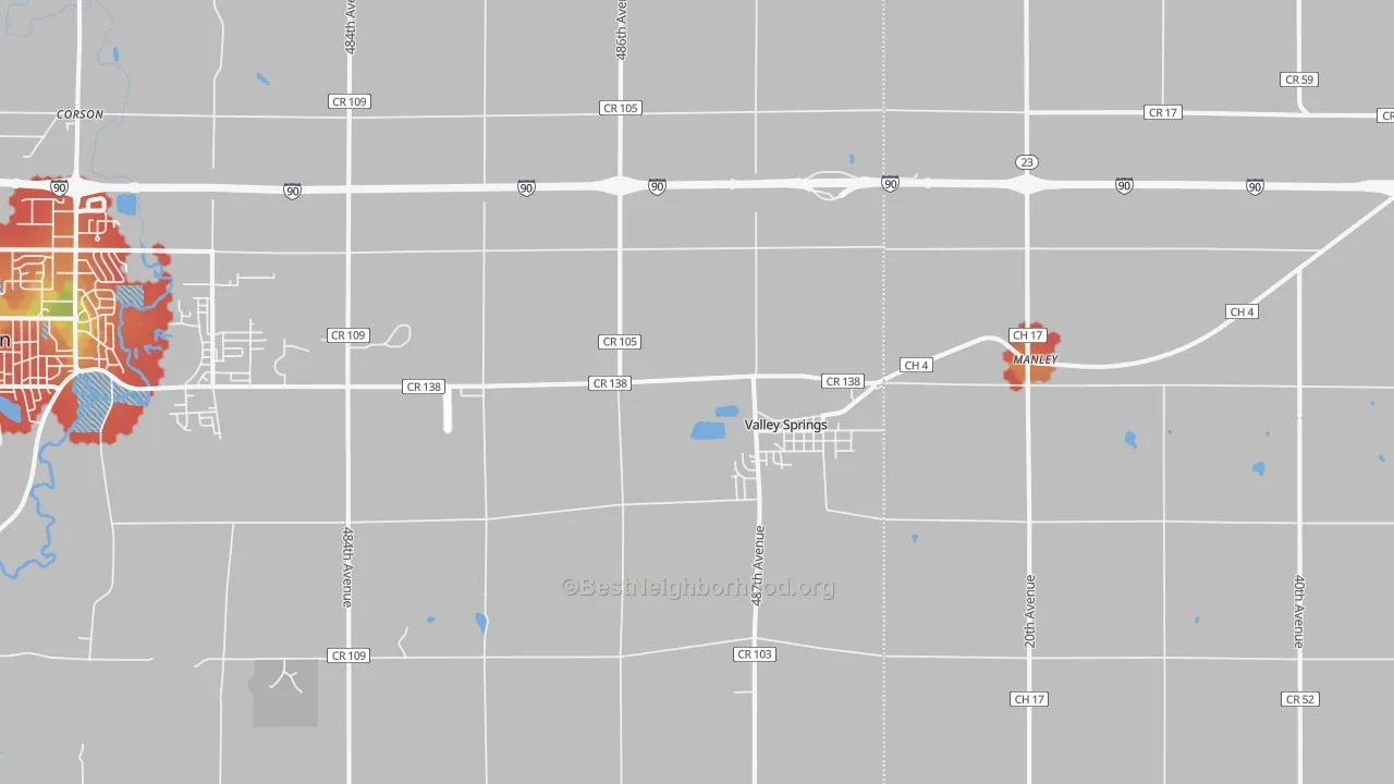 Walk Grade map of Valley Springs, SD, walkable areas in green and car-dependent areas in red