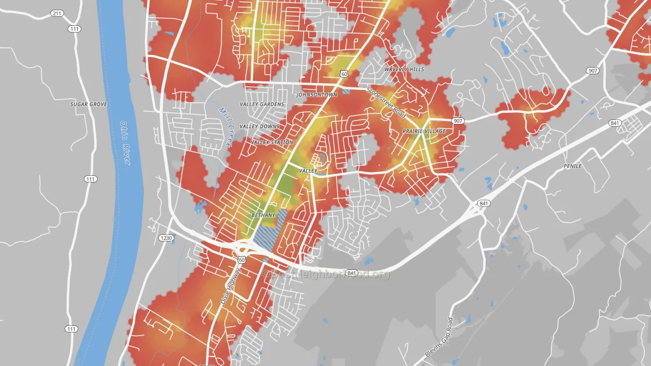 Walk Grade map of Valley Station, Louisville, KY, walkable areas in green and car-dependent areas in red