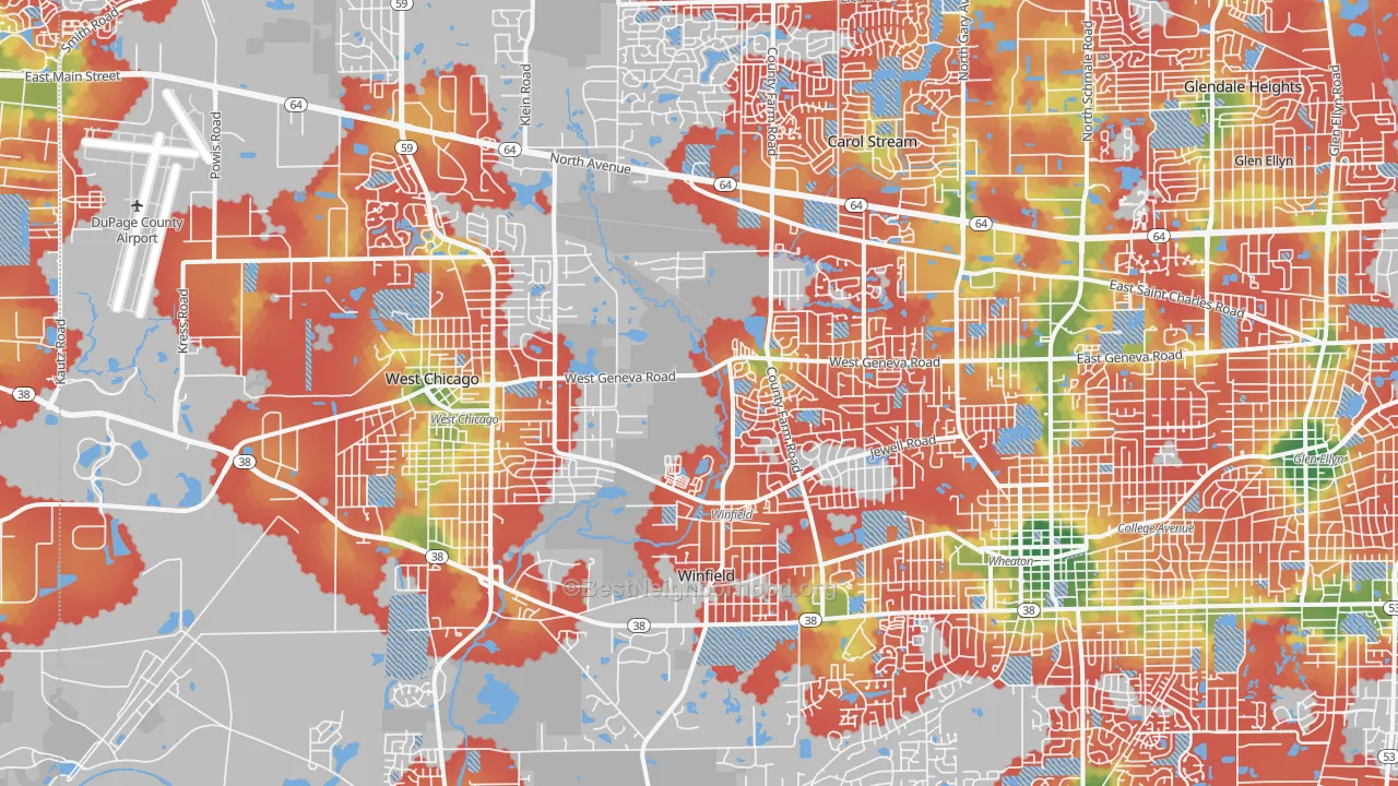 Walk Grade map of Valley View, Glen Ellyn, IL, walkable areas in green and car-dependent areas in red