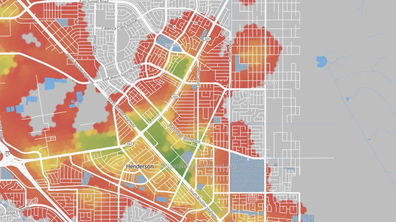 Walk Grade map of Valley View, Henderson, NV, walkable areas in green and car-dependent areas in red