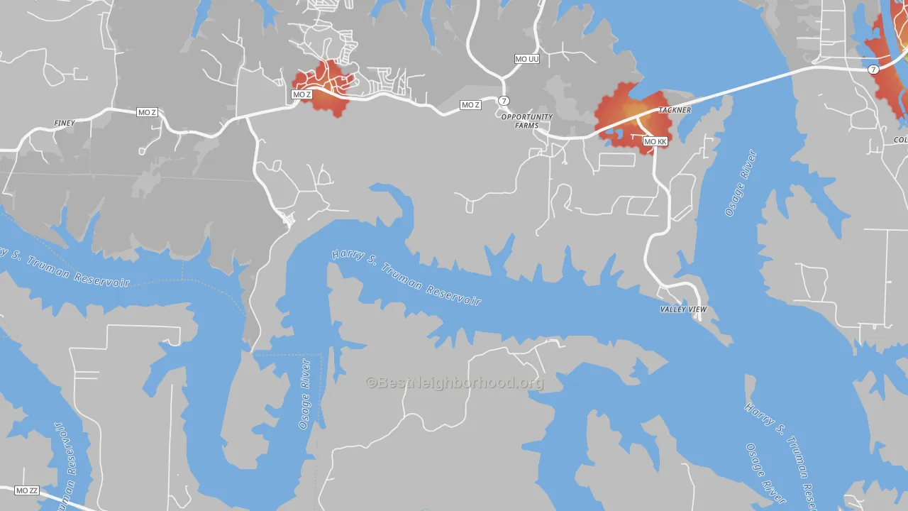 Walk Grade map of Valley View, MO, walkable areas in green and car-dependent areas in red